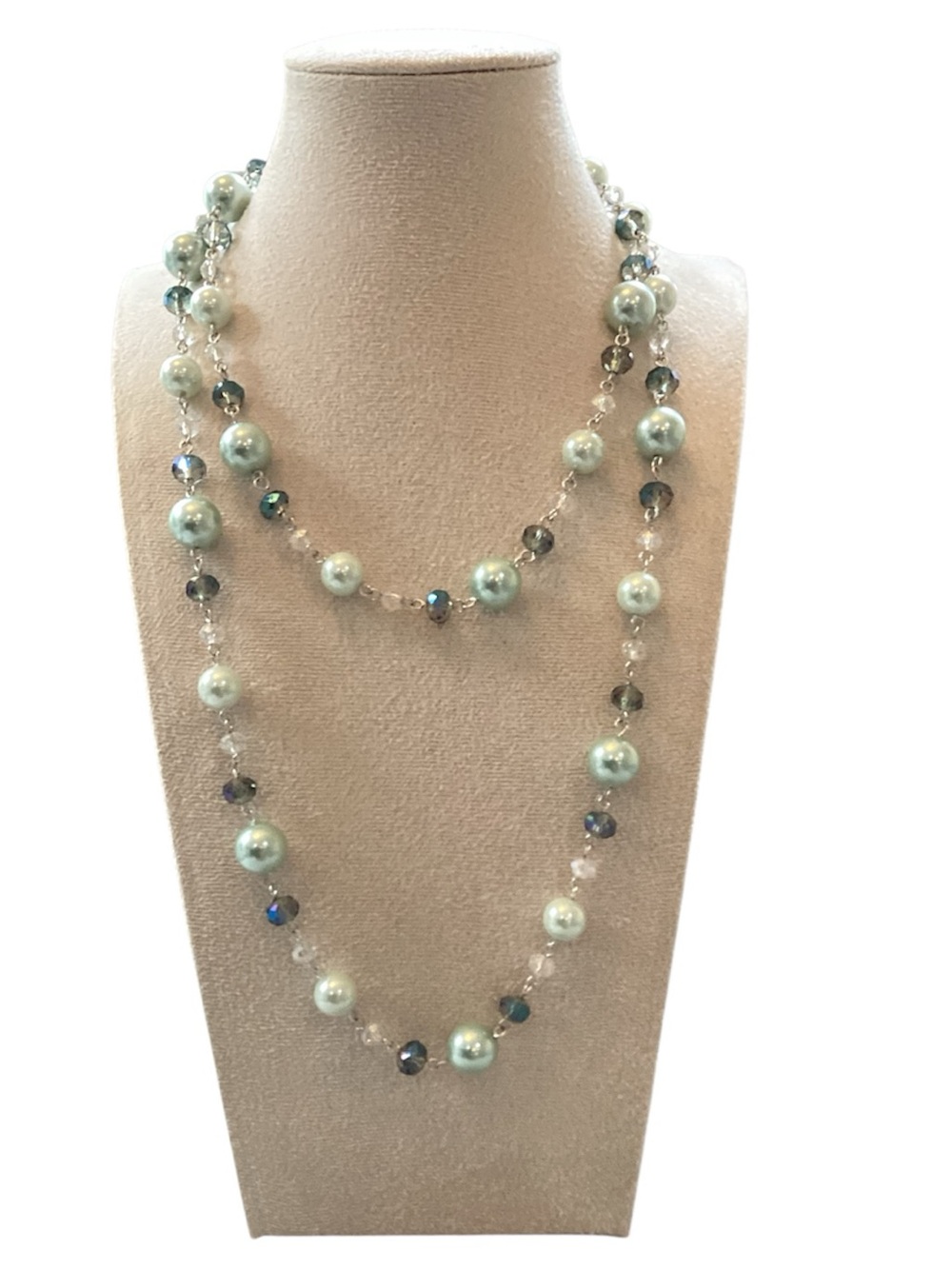 Long Layered Minty Faux Pearl and Crystal Necklace